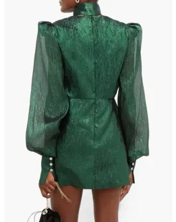 The Vampire's Wife The Pussybow Plissé Silk-Blend Lamé Mini Dress Dark Green Lame Size 10  for rent on The Volte - image 3