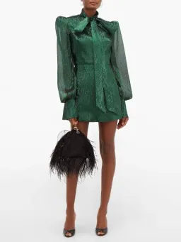 The Vampire's Wife The Pussybow Plissé Silk-Blend Lamé Mini Dress Dark Green Lame Size 10  for rent on The Volte - image 1