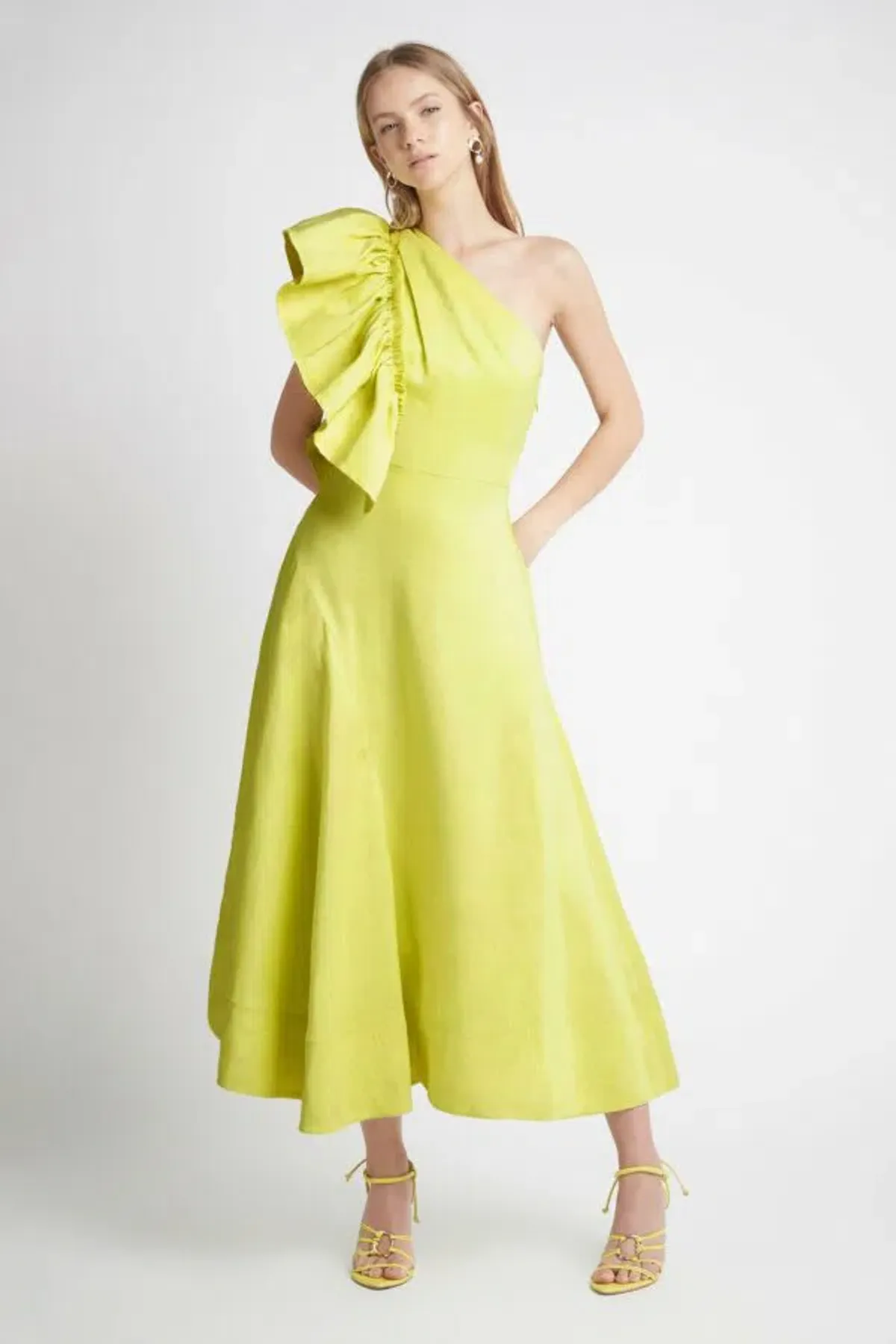 Aje Bonjour Asymmetric Midi Dress Lime Green Size 8  for rent on The Volte - main image