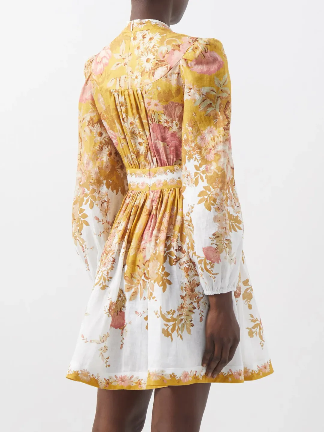 Zimmermann Pattie Plunge Mini Dress Mustard Floral Sz 3/14 for rent on The Volte - main image