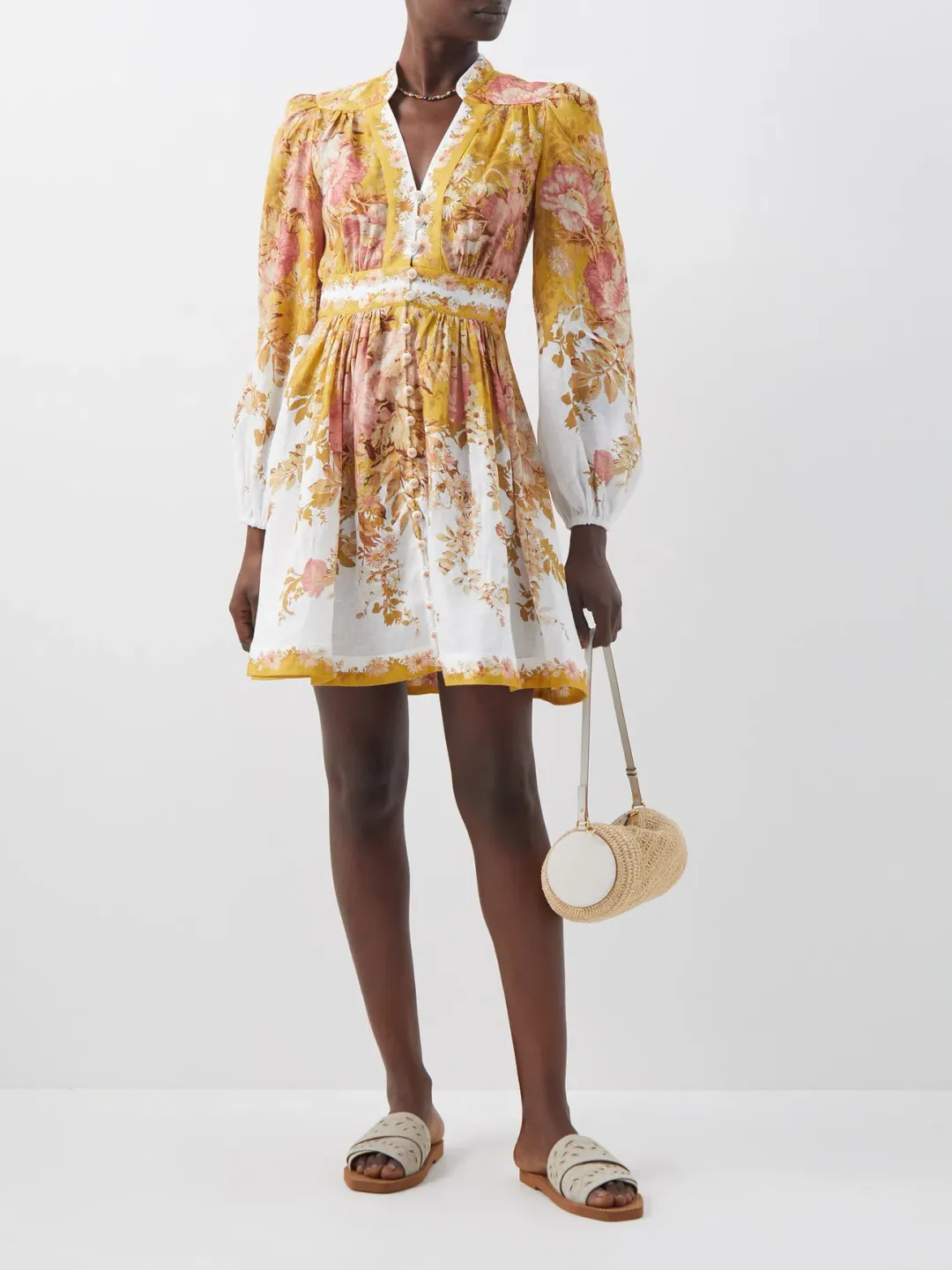 Zimmermann Pattie Plunge Mini Dress Mustard Floral Sz 3/14 for rent on The Volte - main image
