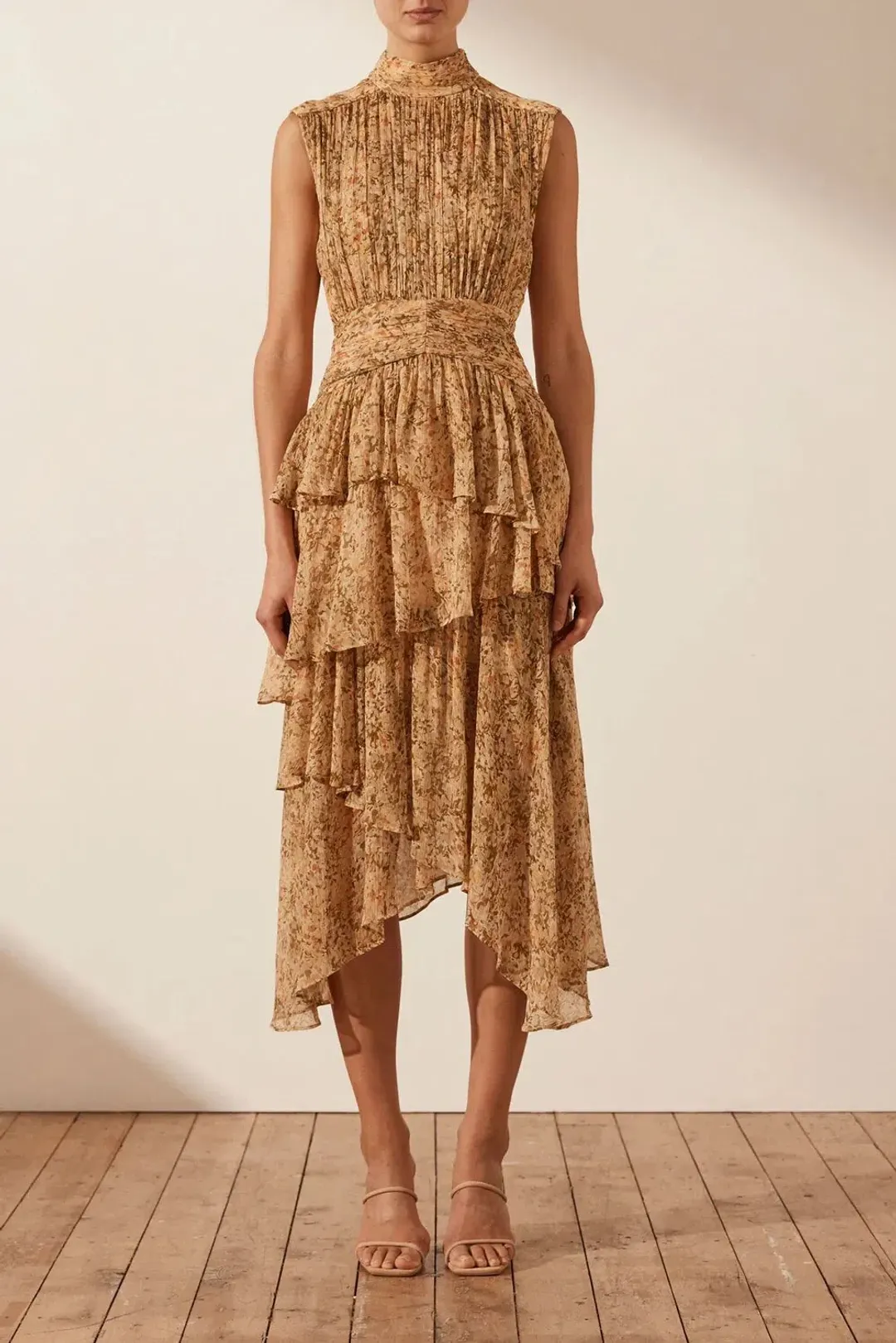 Shona Joy Louise Sleeveless Ruched Midi Dress Print Size 12 for rent on The Volte - main image