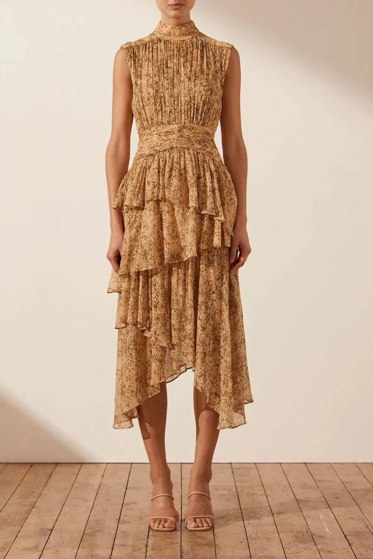 Shona Joy Louise Sleeveless Ruched Midi Dress Print Size 12 for rent on The Volte - main image