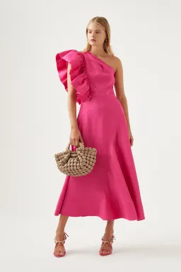 Aje Bonjour Asymmetric Midi Dress Pink Size 8 / S for rent on The Volte - image 1