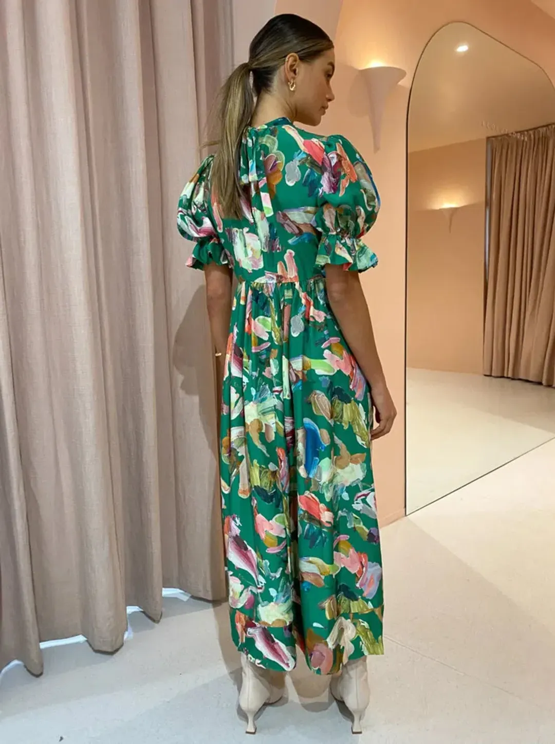 Alemais Arlo Puff Sleeve Midi Dress Green Print Size 12 for rent on The Volte - main image