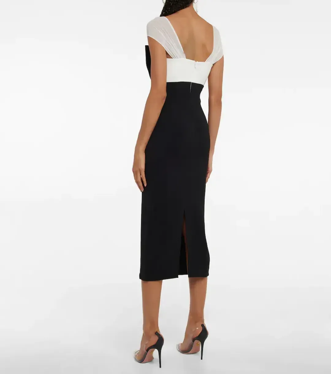Self Portrait Crepe Crystal Bow Midi Dress Black/White Size 6 for rent on The Volte - main image