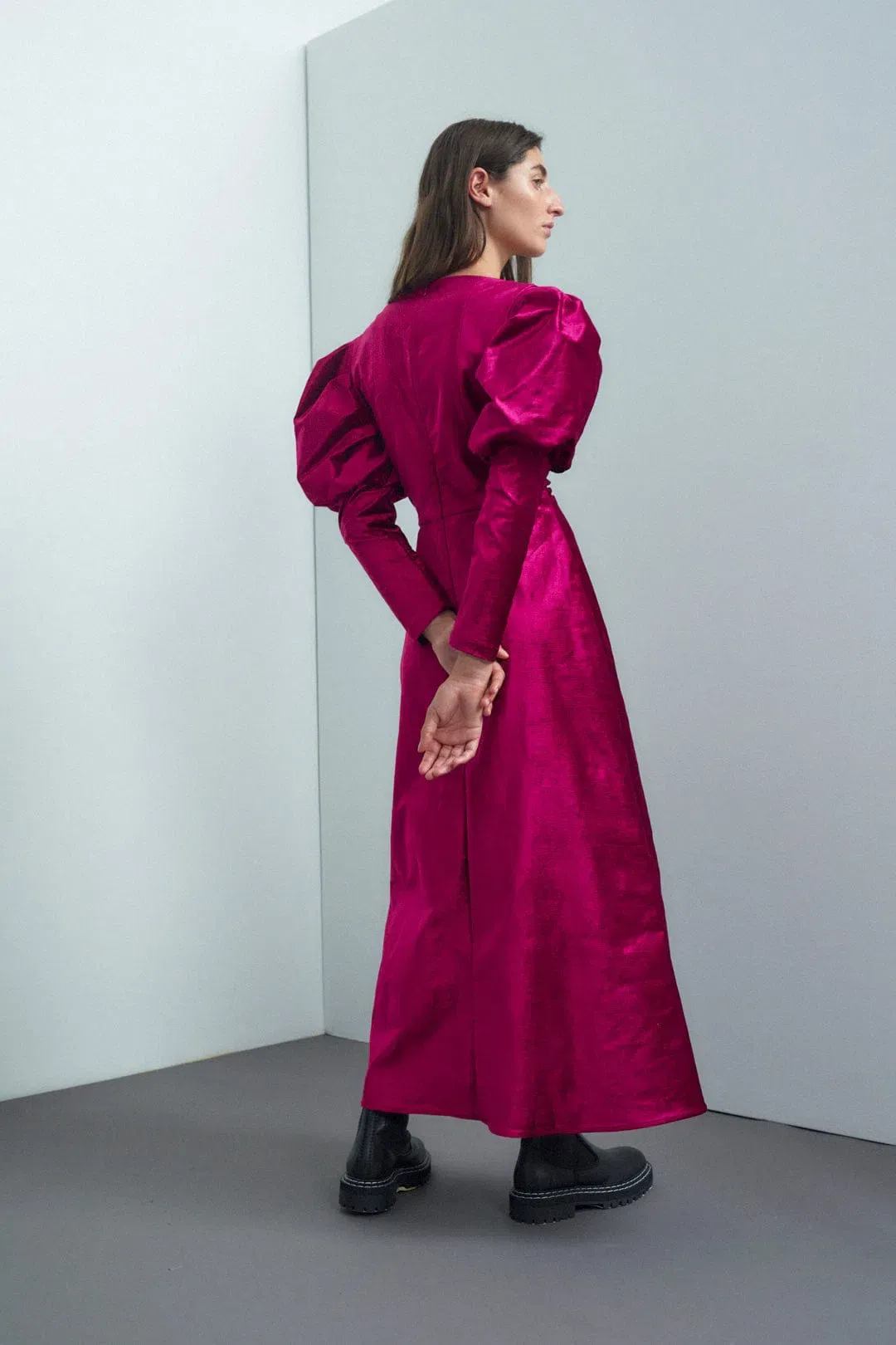 Alamais Rosario Puff Sleeve Midi Dress Fushia Size 10  for rent on The Volte - main image