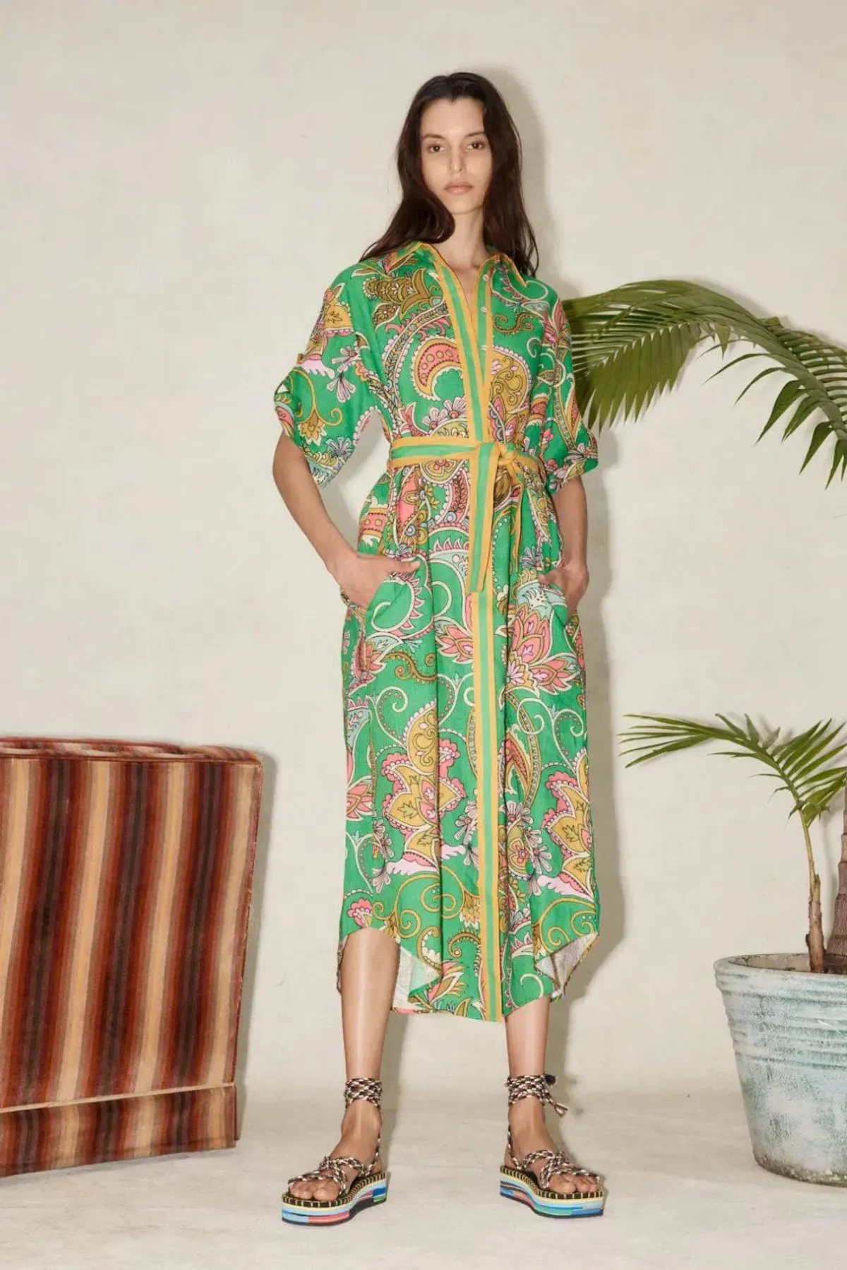 Alemais Marion Shirtdress Green Print Size 10 for rent on The Volte - main image