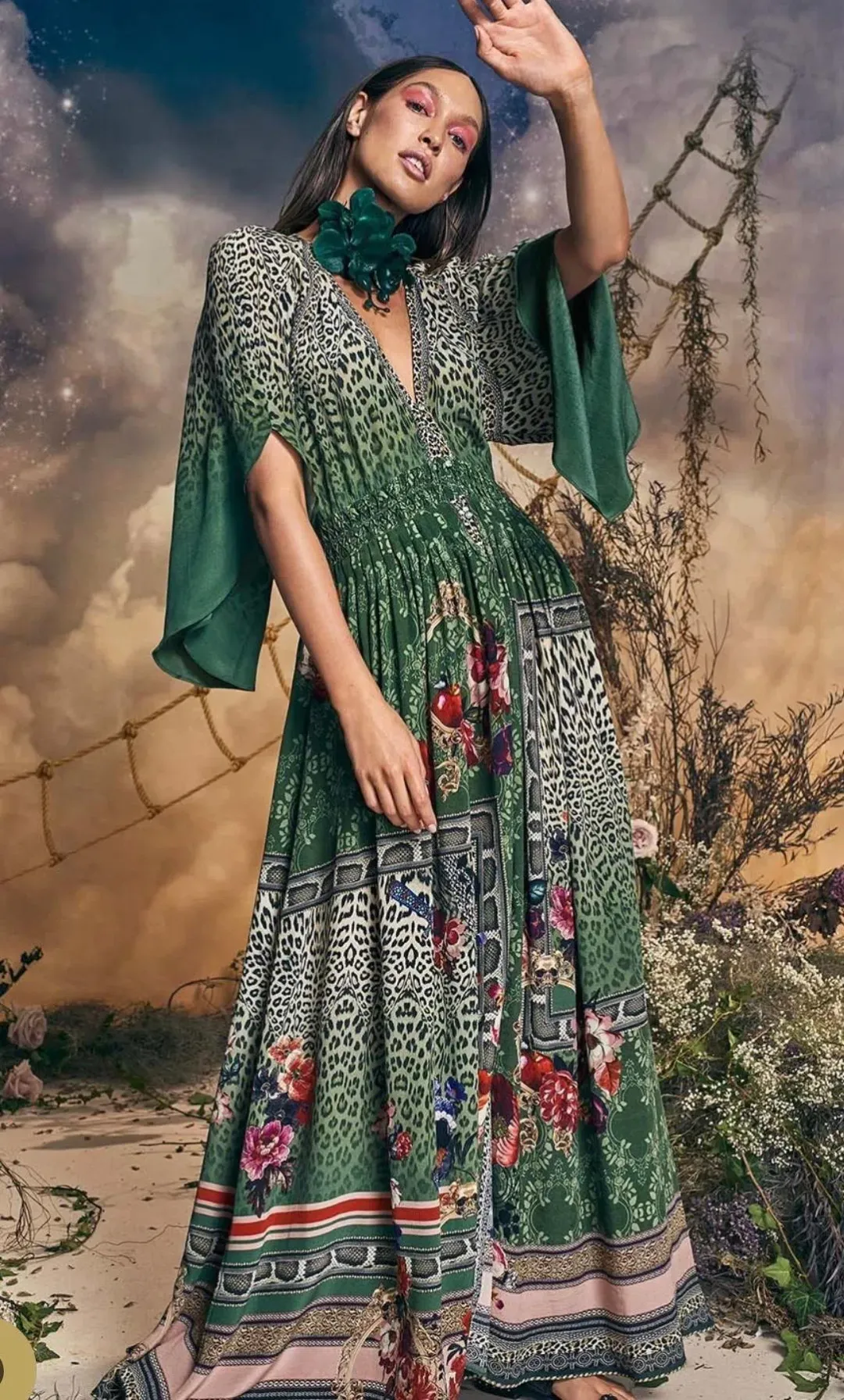 Camilla Tales of Time Long Dress with Smocked Waist Print Size S / Au 10  for rent on The Volte - main image