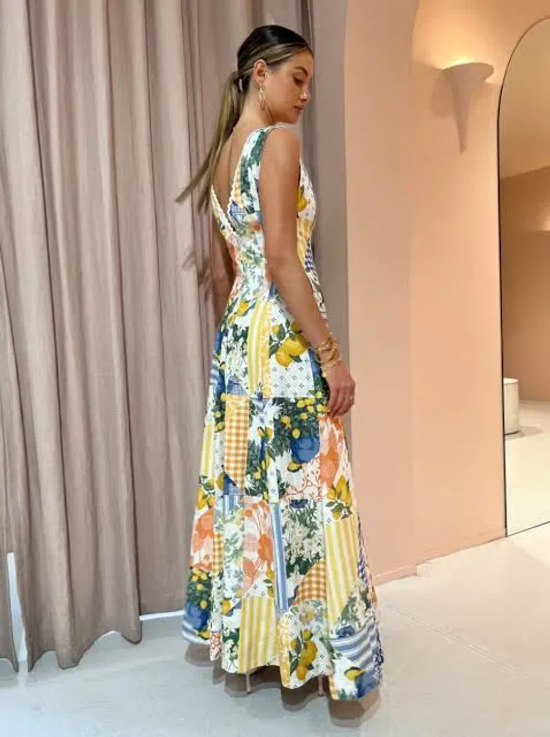 By Nicola Wavy Maxi Dress in Lemon Patchwork Size 6  for rent on The Volte - main image