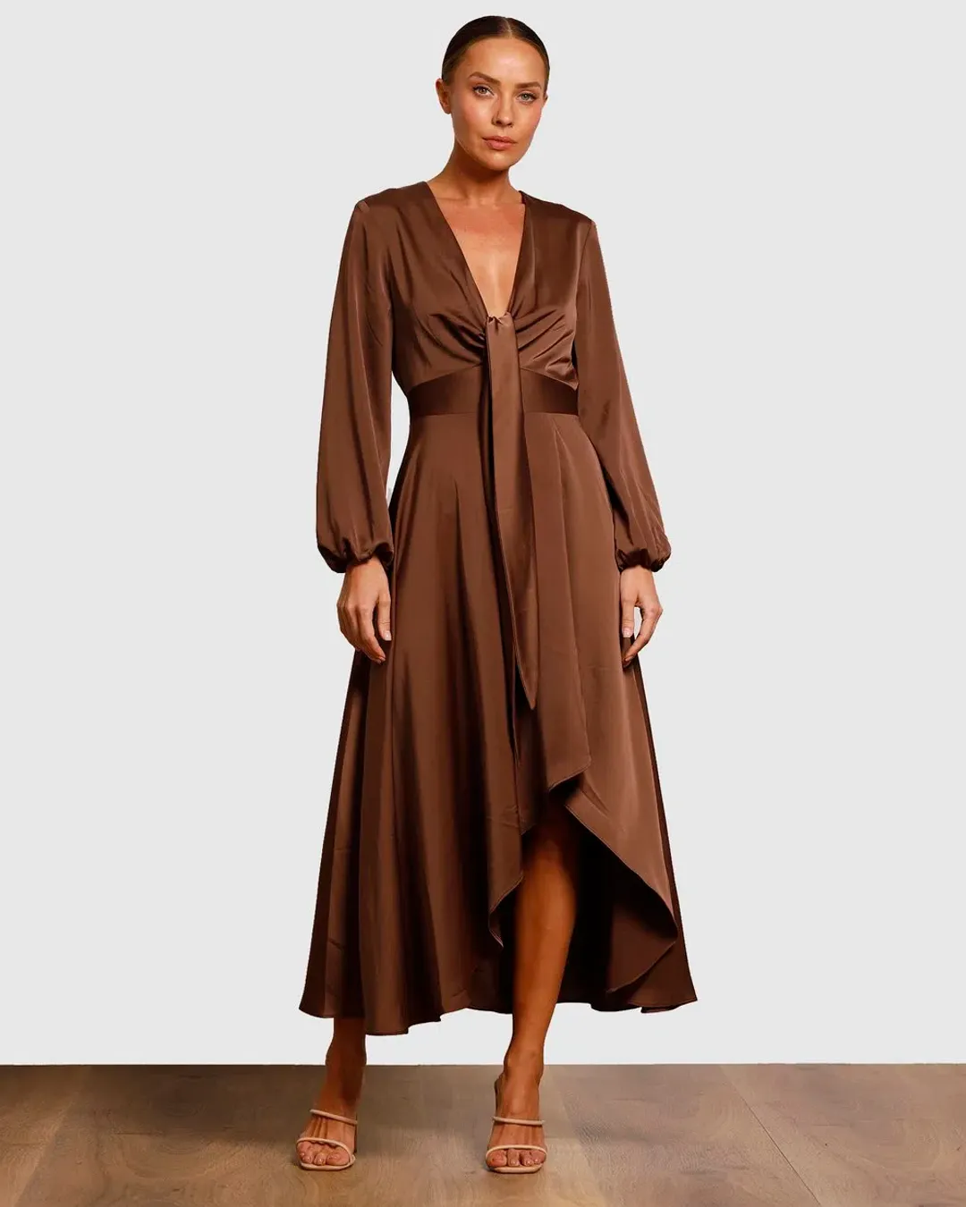 Pasduchas Cherish Tie Midi Dress Chocolate Brown Size 8 for rent on The Volte - main image
