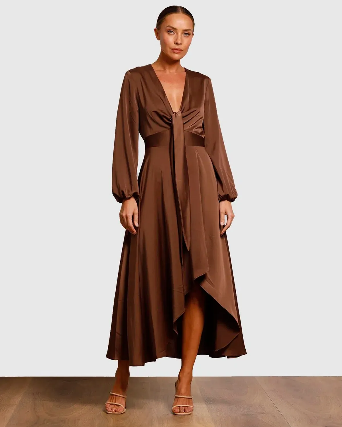 Pasduchas Cherish Tie Midi Dress Chocolate Brown Size 8 for rent on The Volte - main image