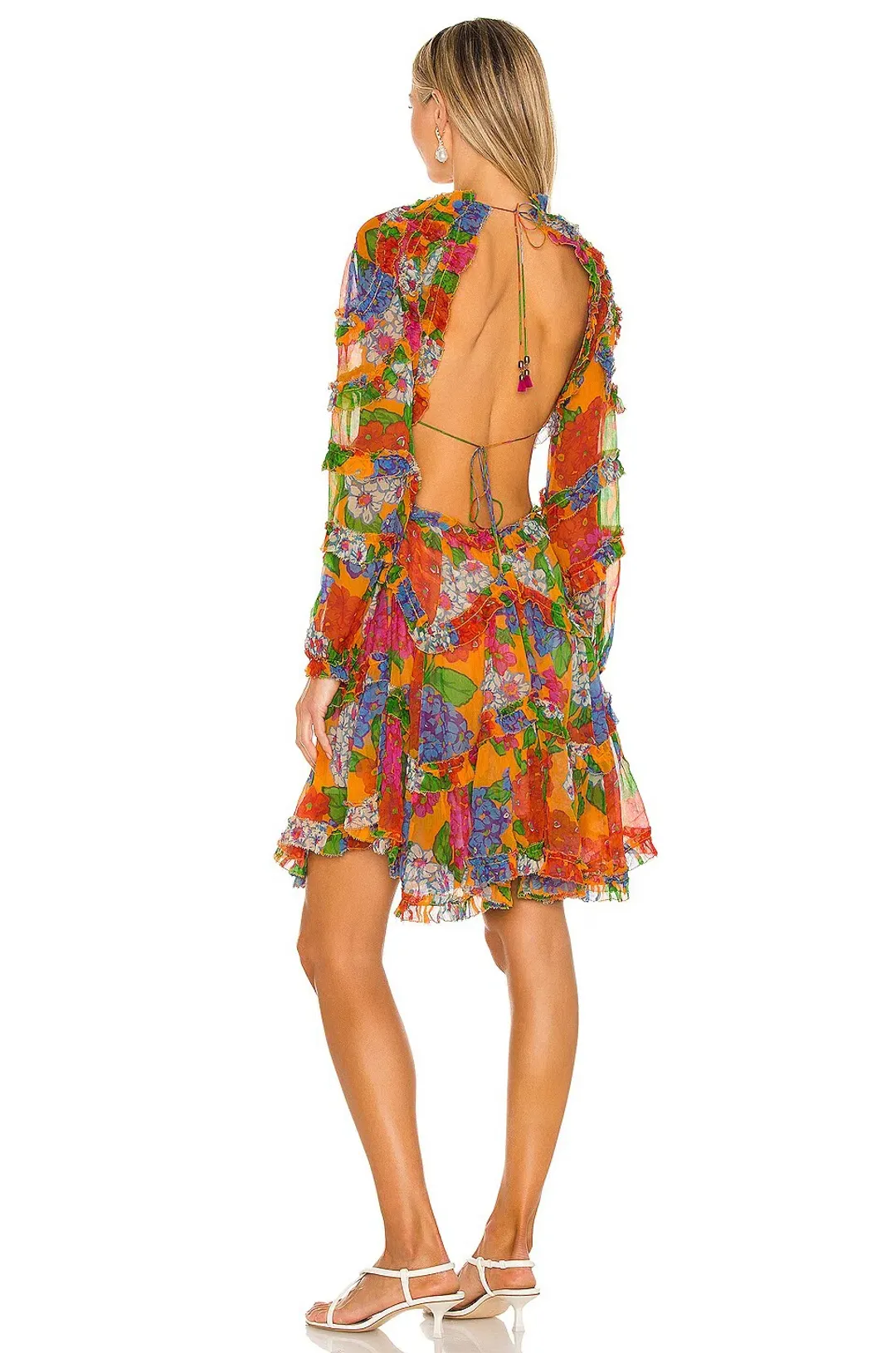 Zimmermann Riders Open Back Silk Frill Mini Dress Mango Floral Size 3 / Au 14 for rent on The Volte - main image