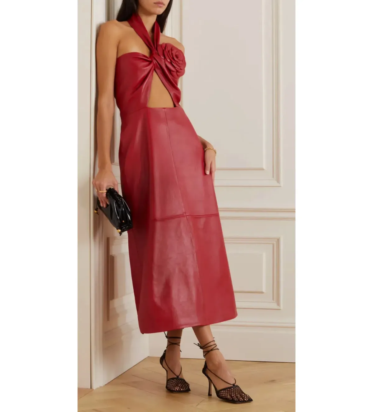 Magda Butrym Embellished Cutout Leather Halter Neck Midi Dress Red Size 36 / Au 8 for rent on The Volte - main image