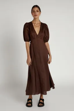 Dissh Remi Linen Midi Dress Chocolate Size 6 for rent on The Volte - image 1