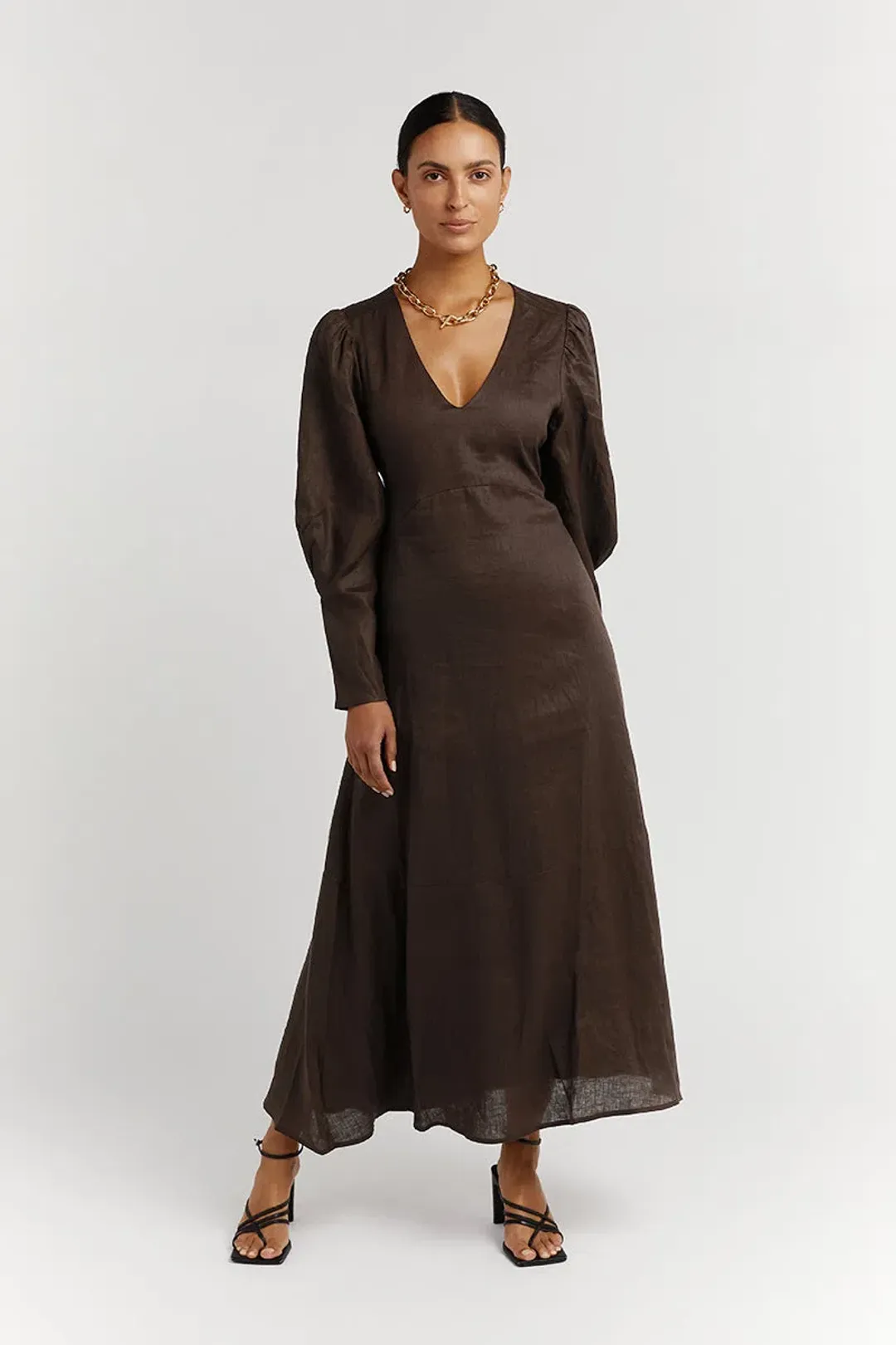 DISSH Wynn Dark Choc Linen Midi Dress Brown Size 8 for rent on The Volte - main image