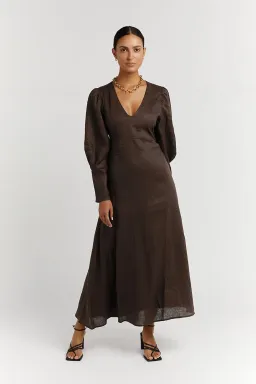DISSH Wynn Dark Choc Linen Midi Dress Brown Size 8 for rent on The Volte - image 1