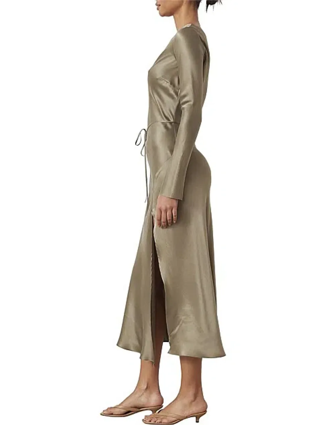 Bec & Bridge Classic Silk Asym Midi Dress Khaki Size 8 for rent on The Volte - main image