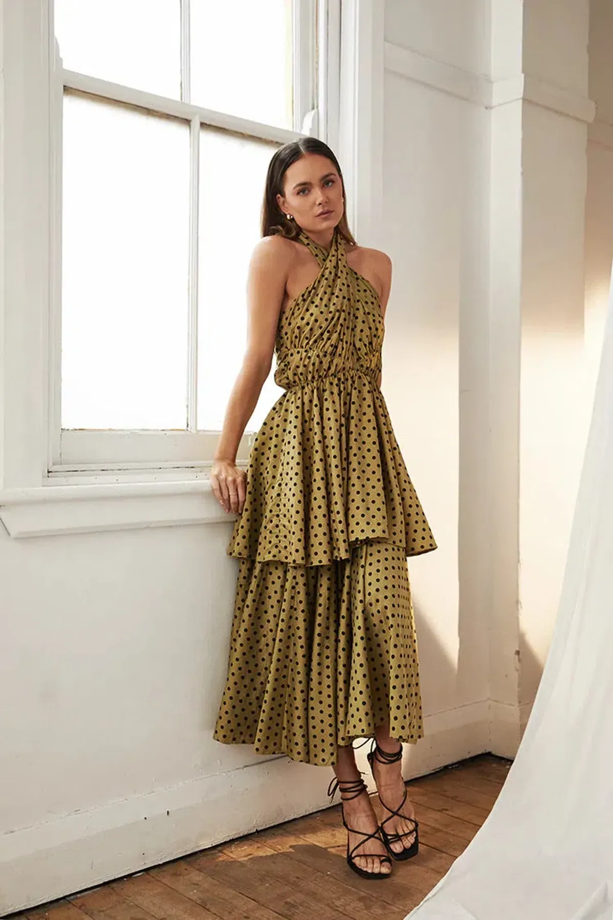 Mon Renn Roselyn Midi Dress Green Polka Dot Print Size 10 for rent on The Volte - main image