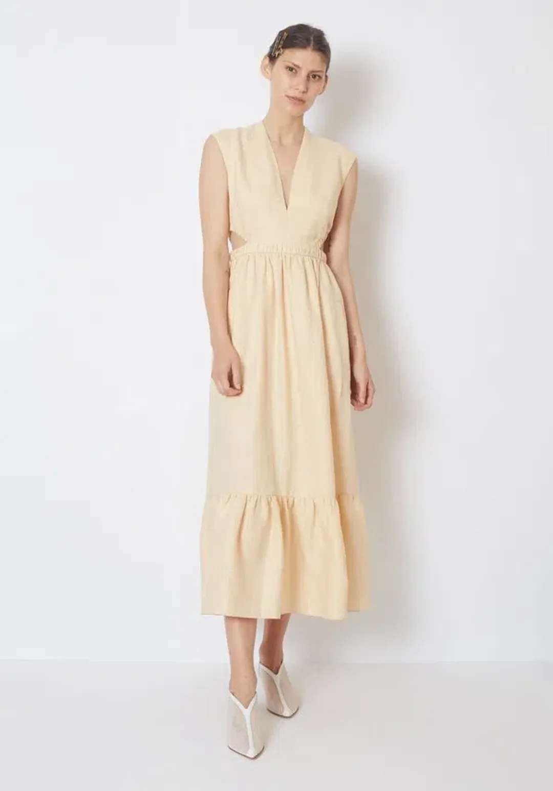 Tibi Linen Canvass V Neck Cut Out Dress in Butter Yellow Size 14 for rent on The Volte - main image