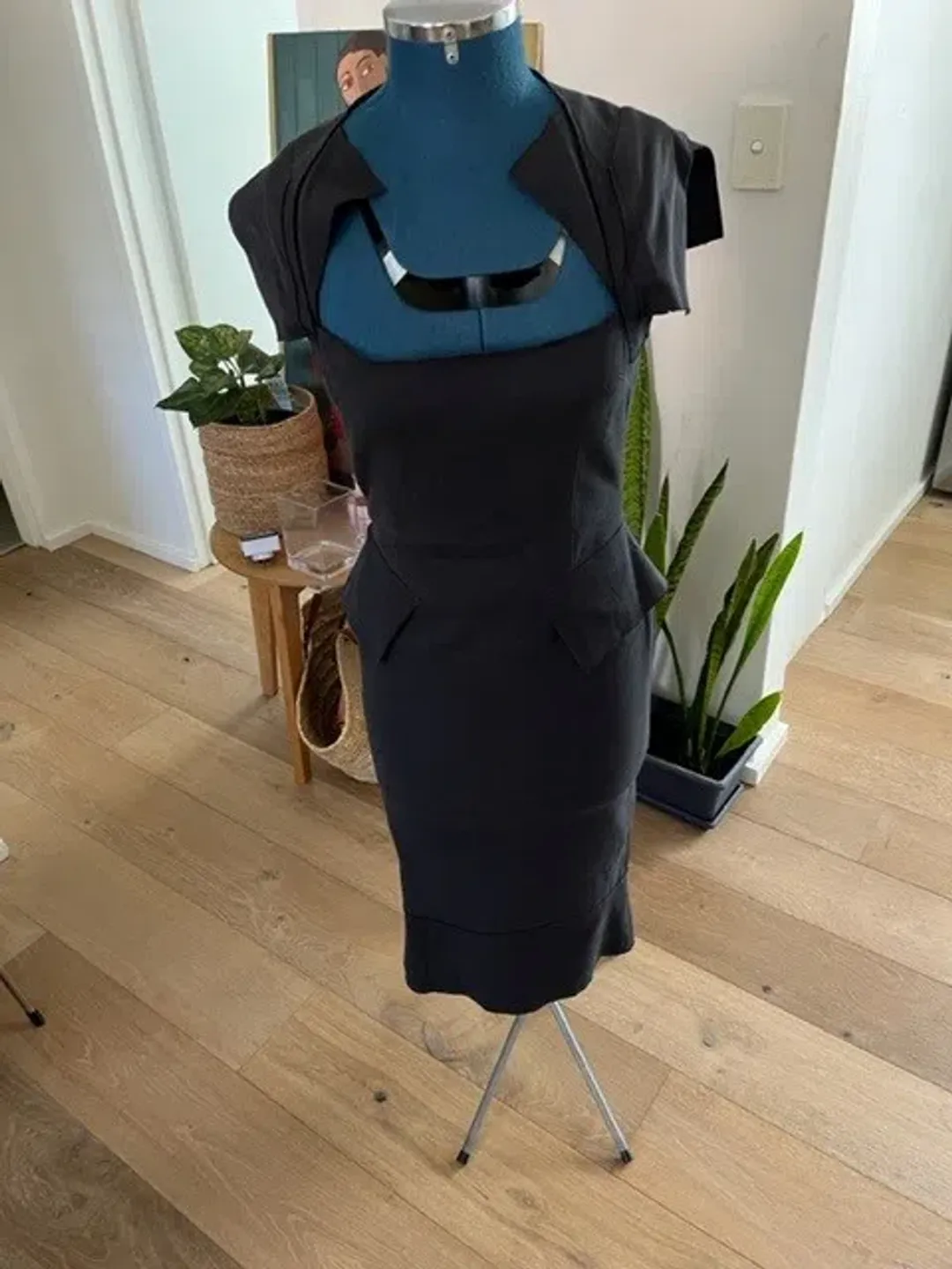 Roland Mouret Galaxy wiggle dress size UK 14 black stripe cottpn/lycra  for rent on The Volte - main image