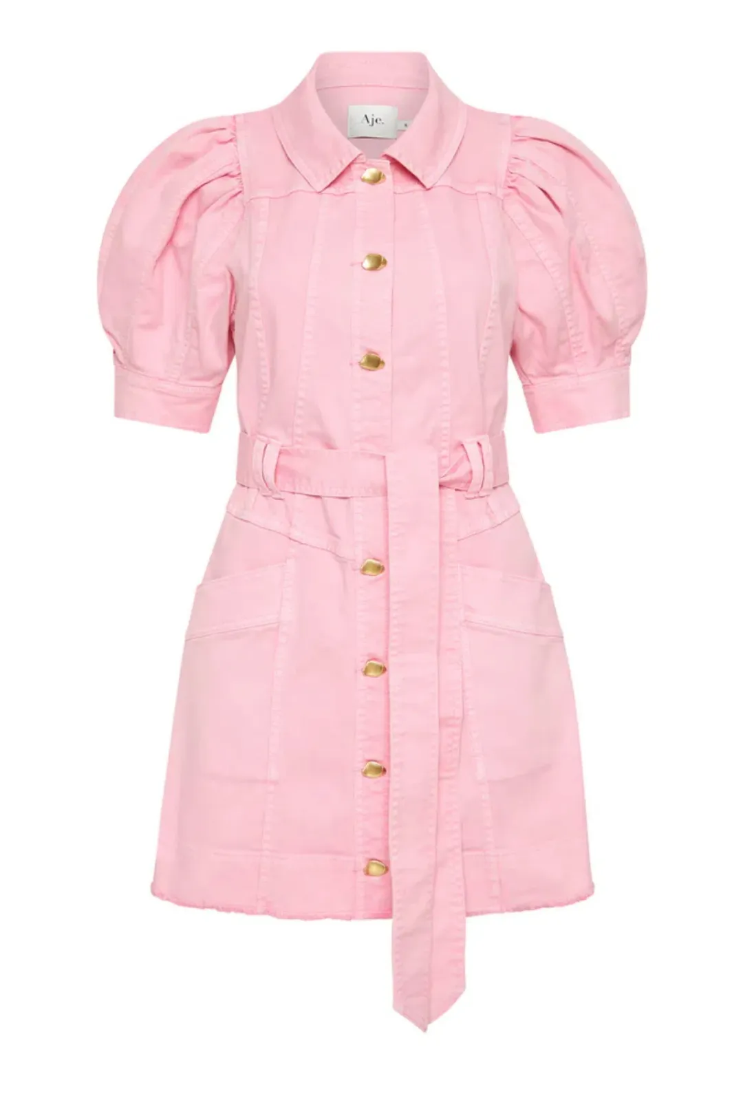 Aje Flora Denim Puff Sleeve Mini Dress Pink Size 8 for rent on The Volte - main image