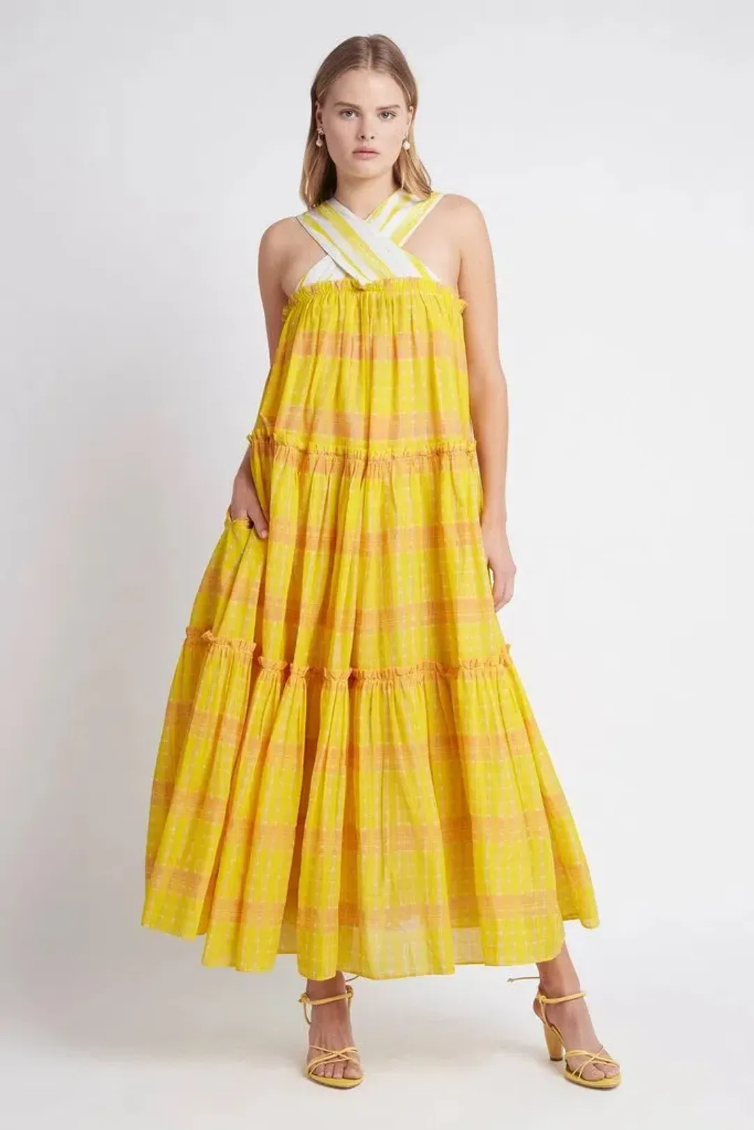 Aje Wilderness Tiered Maxi Dress Yellow Multi Size 10 for rent on The Volte - main image