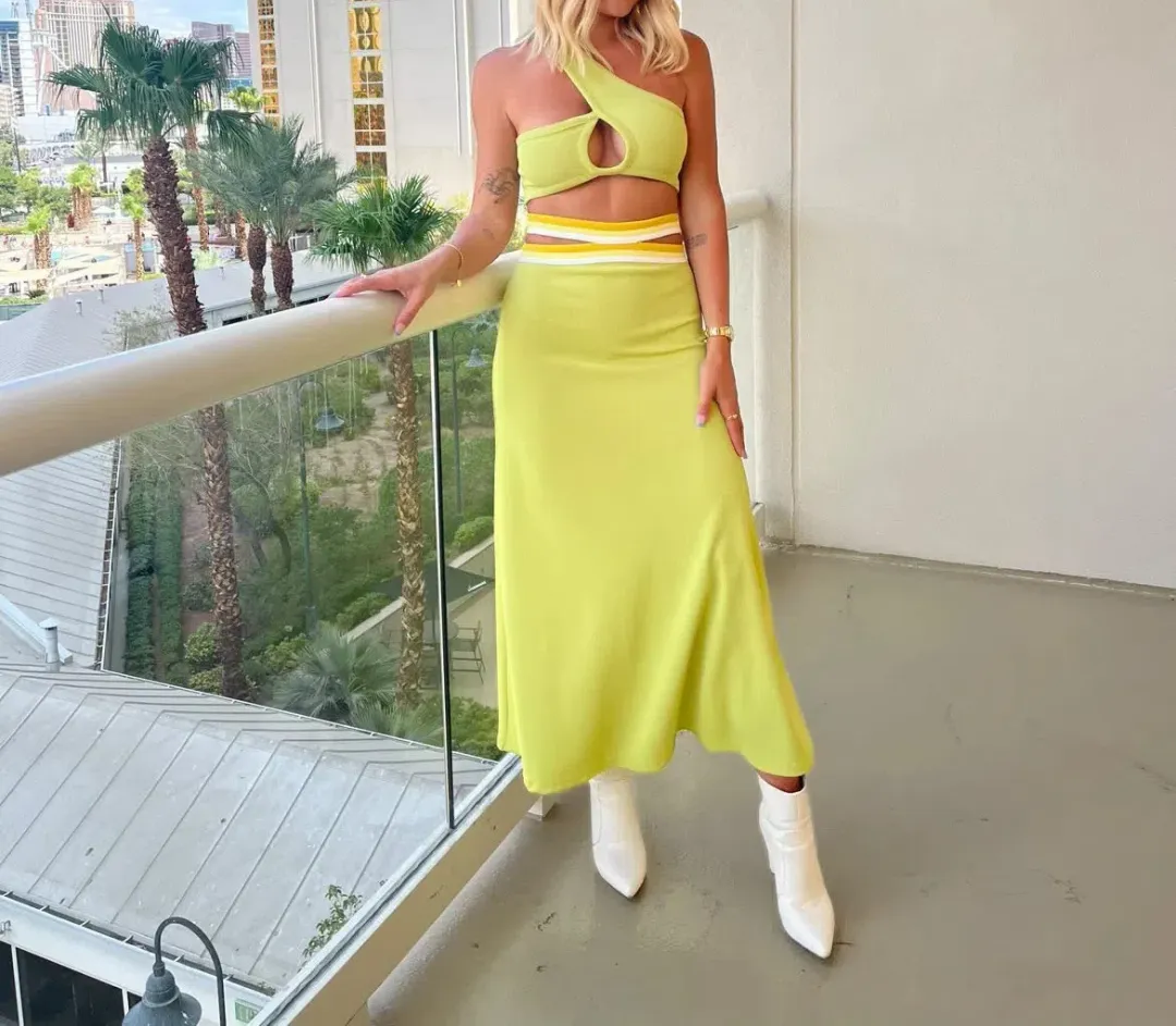 Christopher Esber Looped One Shoulder Rib Crop and Multi Bind Curve Skirt Set in Lime Size 10 for rent on The Volte - main image