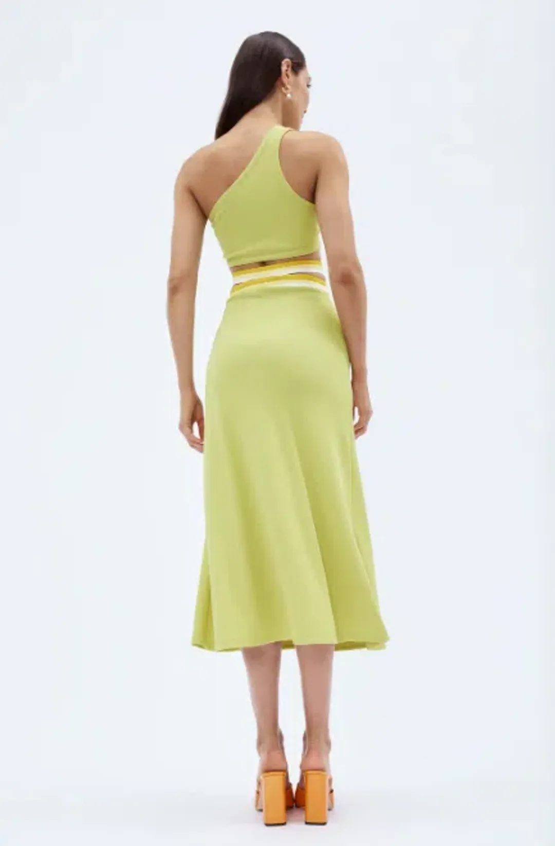 Christopher Esber Looped One Shoulder Rib Crop and Multi Bind Curve Skirt Set in Lime Size 10 for rent on The Volte - main image