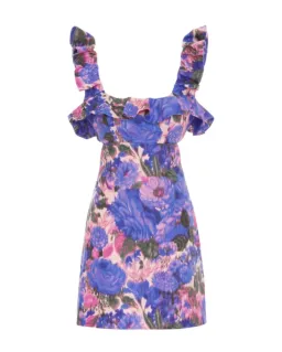 Zimmermann High Tide Frilled Mini Dress Purple Ikat Floral Size 0 / Au 8  for rent on The Volte - image 4
