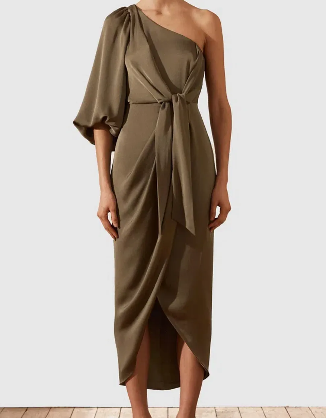 Shona Joy Luxe Tie Front One Shoulder Midi Dress Pine Green Size 10 / M for rent on The Volte - main image