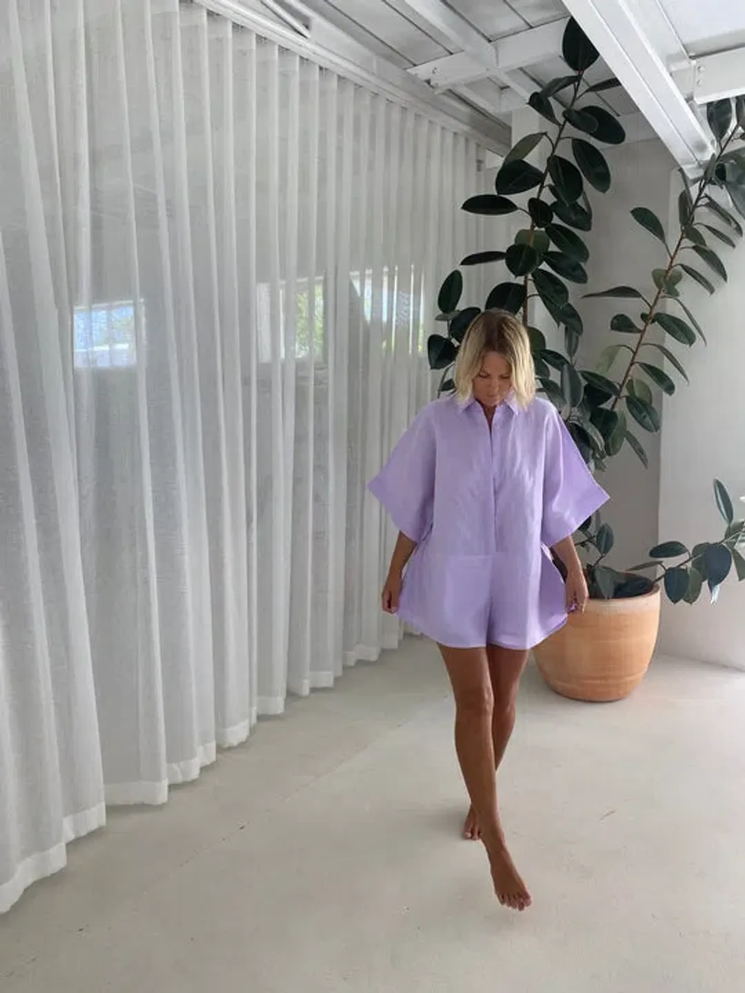 Coco Willow Rae Linen Playsuit in Lavender Size 8 for rent on The Volte - main image