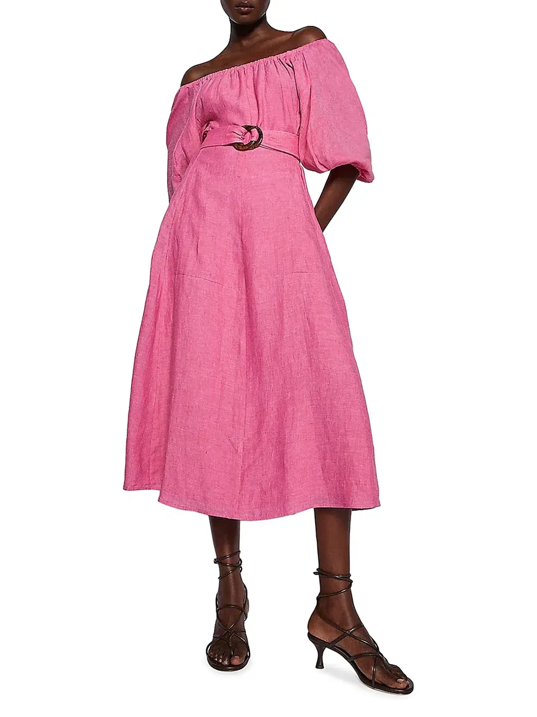 Scanlan Theodore Italian Linen Gathered Midi Dress Pink Size 10  for rent on The Volte - main image