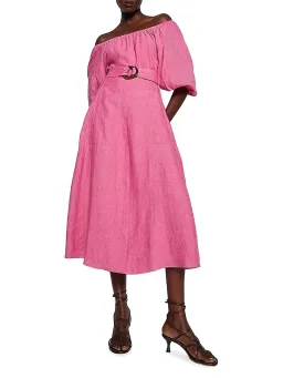 Scanlan Theodore Italian Linen Gathered Midi Dress Pink Size 10  for rent on The Volte - image 1
