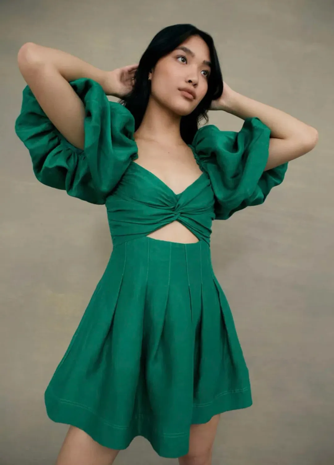 Aje Dusk Knot Puff Sleeve Mini Dress Emerald Green Size 8 for rent on The Volte - main image