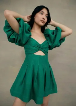 Aje Dusk Knot Puff Sleeve Mini Dress Emerald Green Size 8 for rent on The Volte - image 1