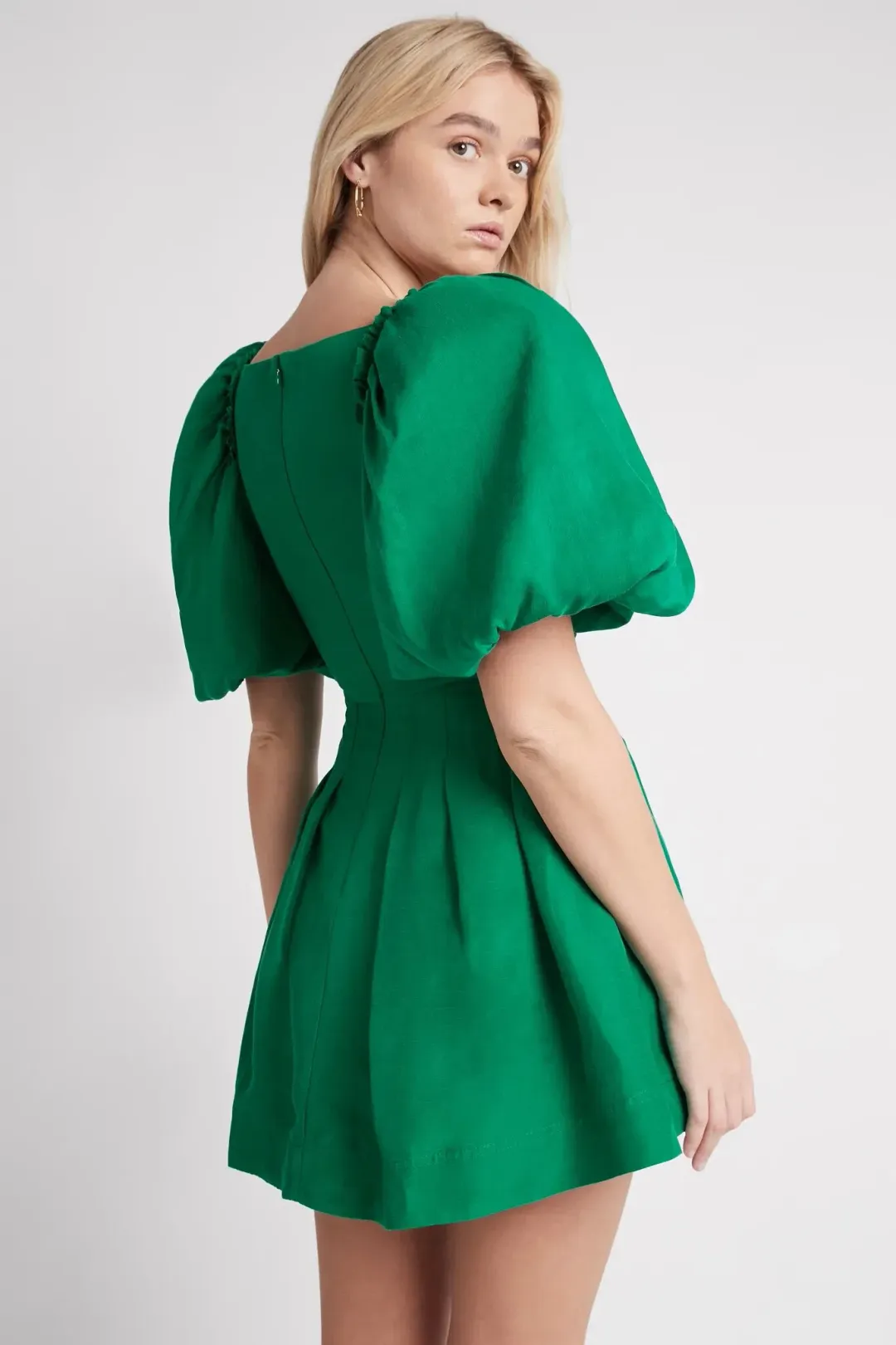 Aje Dusk Knot Puff Sleeve Mini Dress Emerald Green Size 8 for rent on The Volte - main image