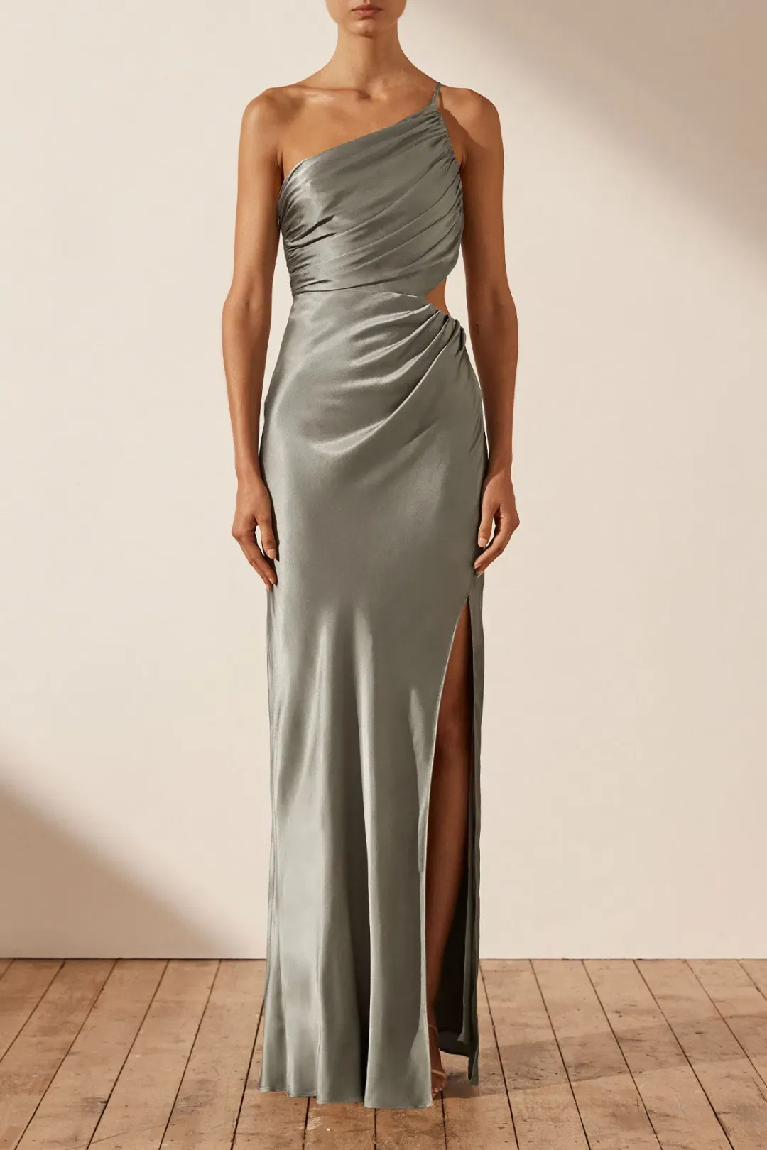 Shona Joy La Lune Asymmetrical Gathered Maxi Dress Sage Size 10 for rent on The Volte - main image