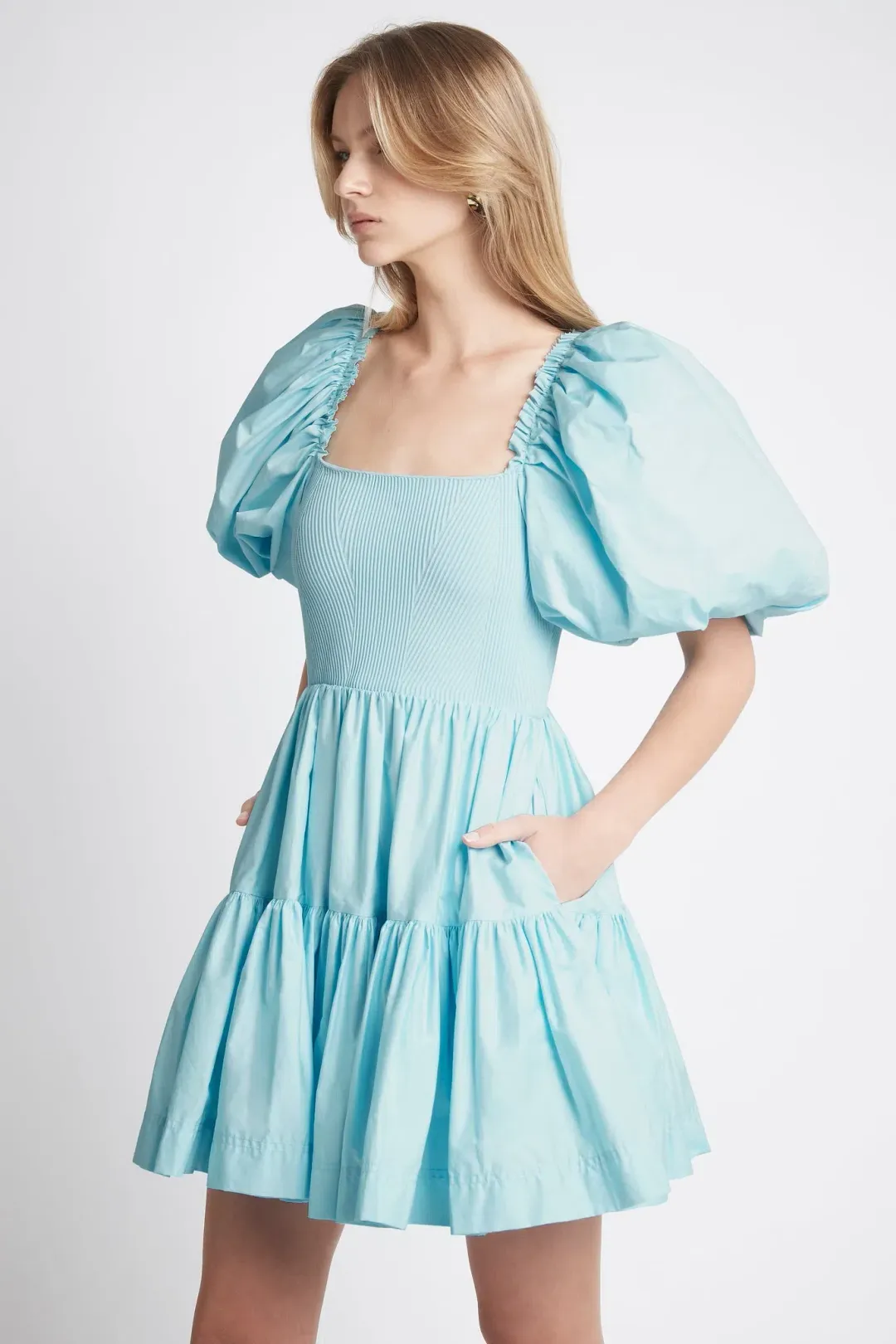 Aje Casa Puff Sleeve Mini Knit Dress Ice Blue Size 8 for rent on The Volte - main image