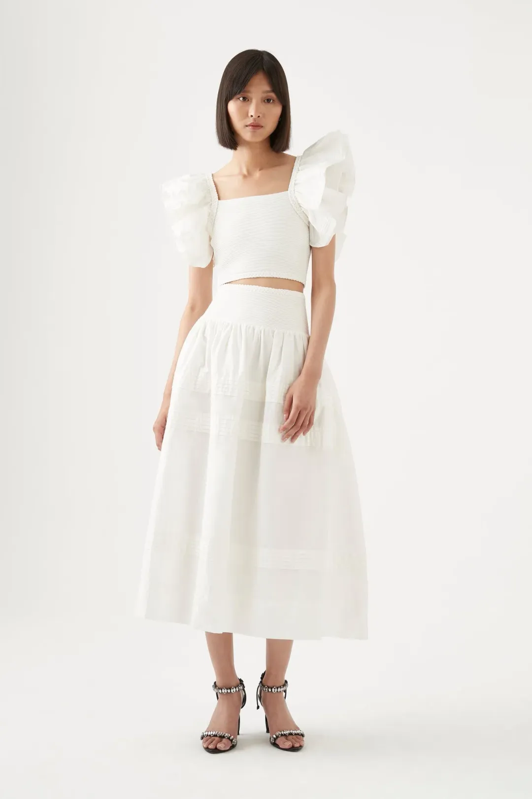 Aje Corinne Knit Bodice Crop Top and Rosalie Knit Waist Midi Skirt Set White Size 16 / 2XL for rent on The Volte - main image