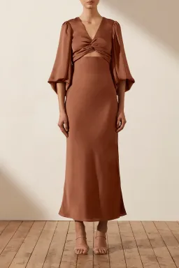 Shona Joy Luxe Twist Front Balloon Sleeve Midi Dress Brown Size 6 / XS for rent on The Volte - image 2