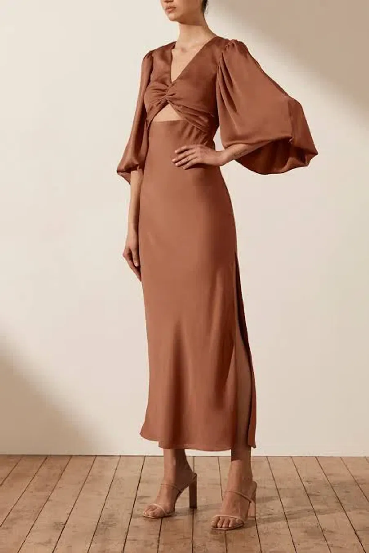 Shona Joy Luxe Twist Front Balloon Sleeve Midi Dress Brown Size 6 / XS for rent on The Volte - main image