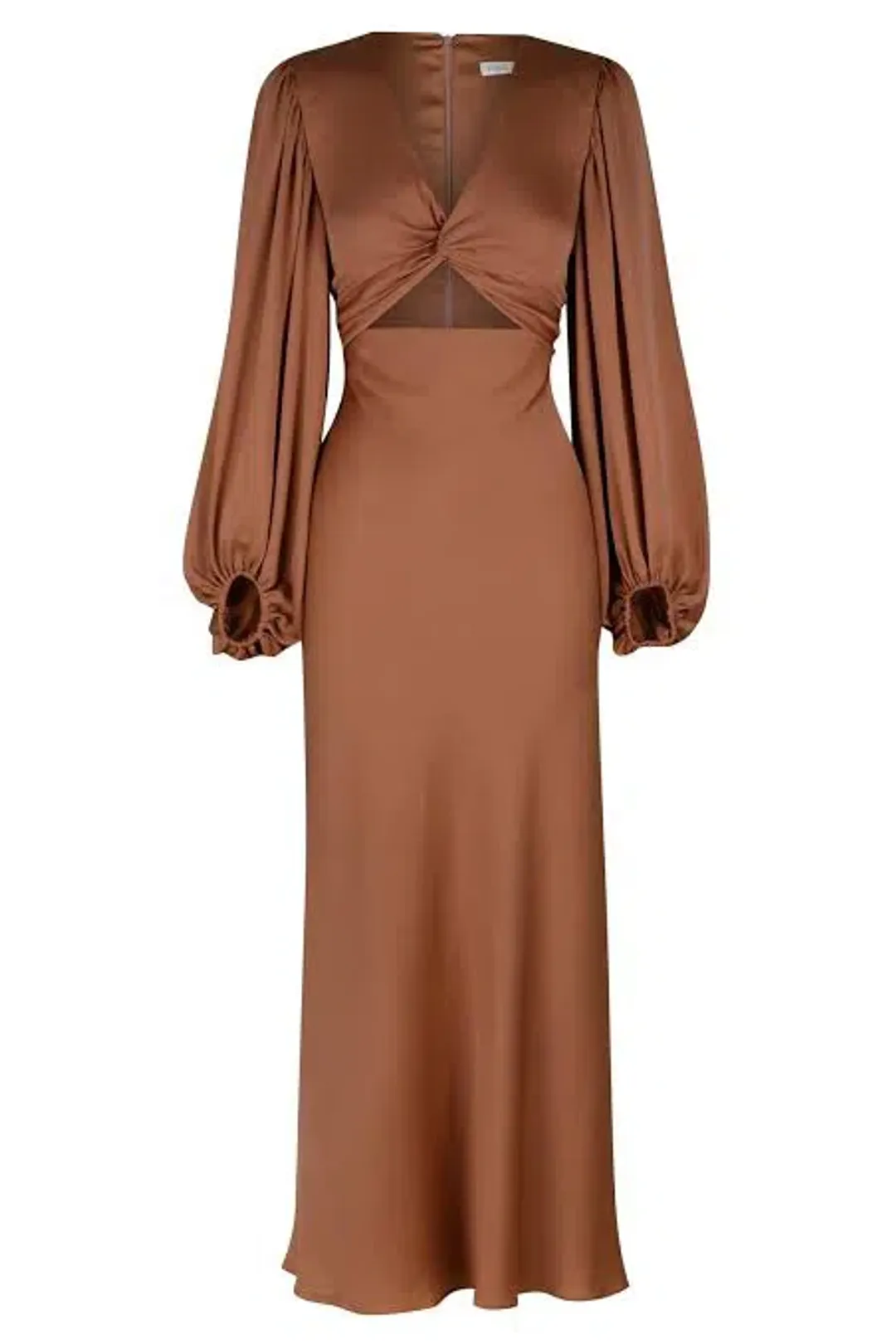 Shona Joy Luxe Twist Front Balloon Sleeve Midi Dress Brown Size 6 / XS for rent on The Volte - main image