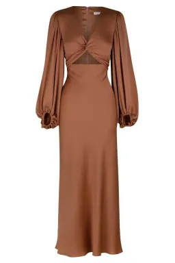 Shona Joy Luxe Twist Front Balloon Sleeve Midi Dress Brown Size 6 / XS for rent on The Volte - image 4