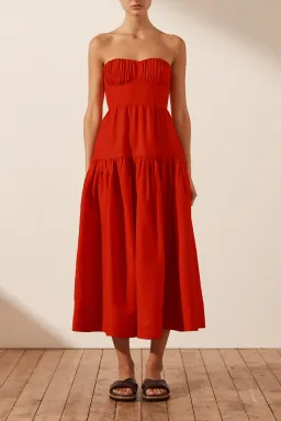 Shona Joy Jules Linen Strapless Ruched Midi Dress in Lipstick Red Size 8 / S for rent on The Volte - image 1