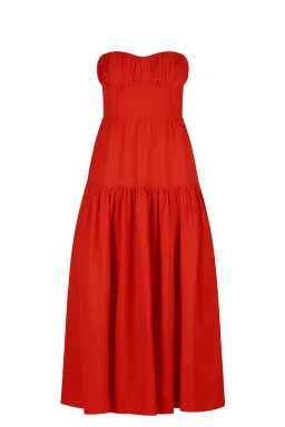 Shona Joy Jules Linen Strapless Ruched Midi Dress in Lipstick Red Size 8 / S for rent on The Volte - image 3