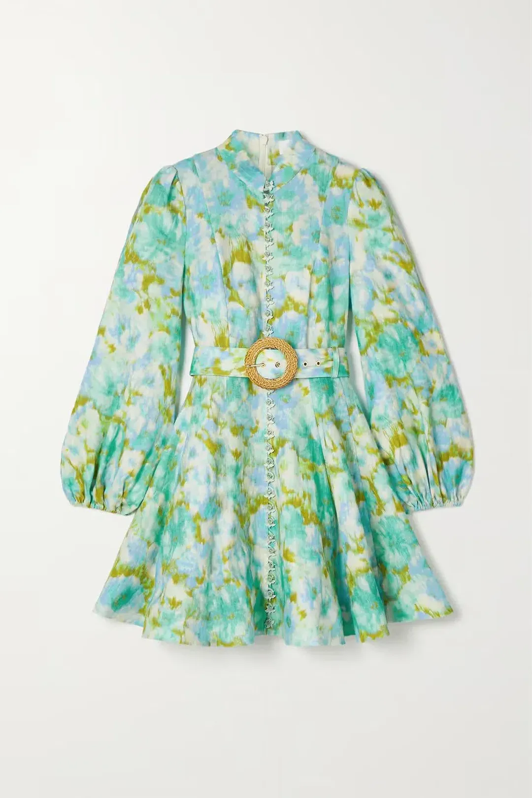 Zimmermann High Tide Buttoned Mini Dress Aqua Ikat Floral Size 0 / Au 8 for rent on The Volte - main image