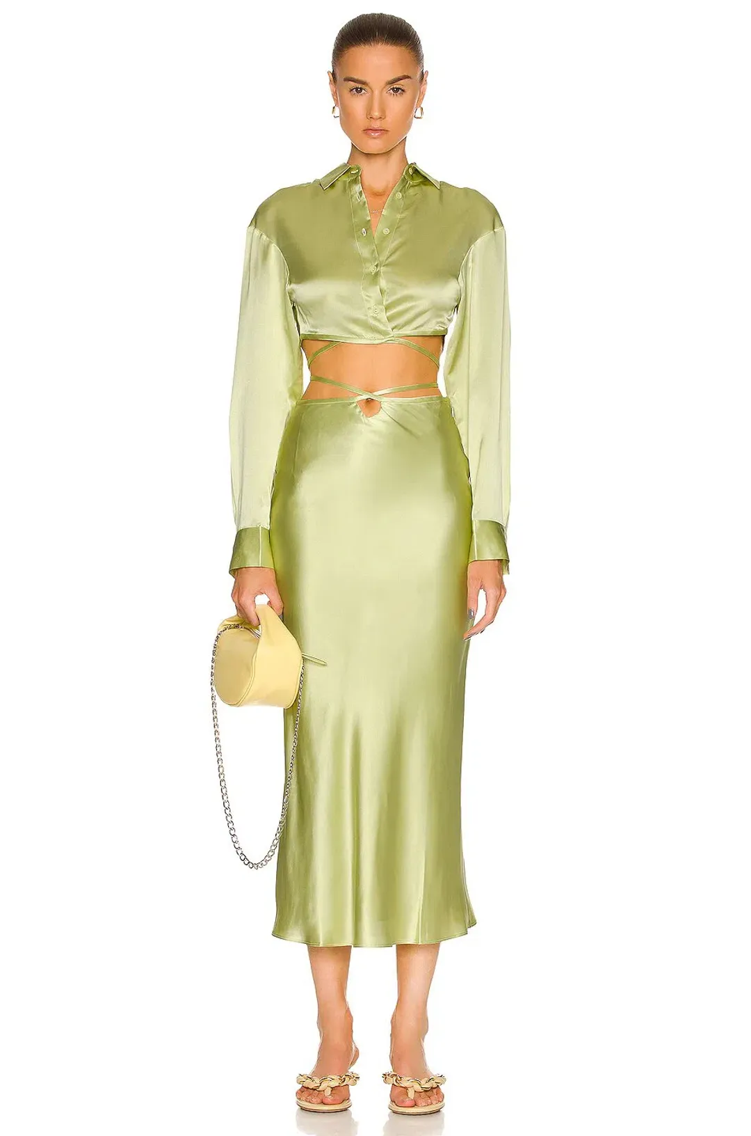 Christopher Esber Crop Tie Shirt/loop Hole Midi Skirt Set Green Size 6  for rent on The Volte - main image