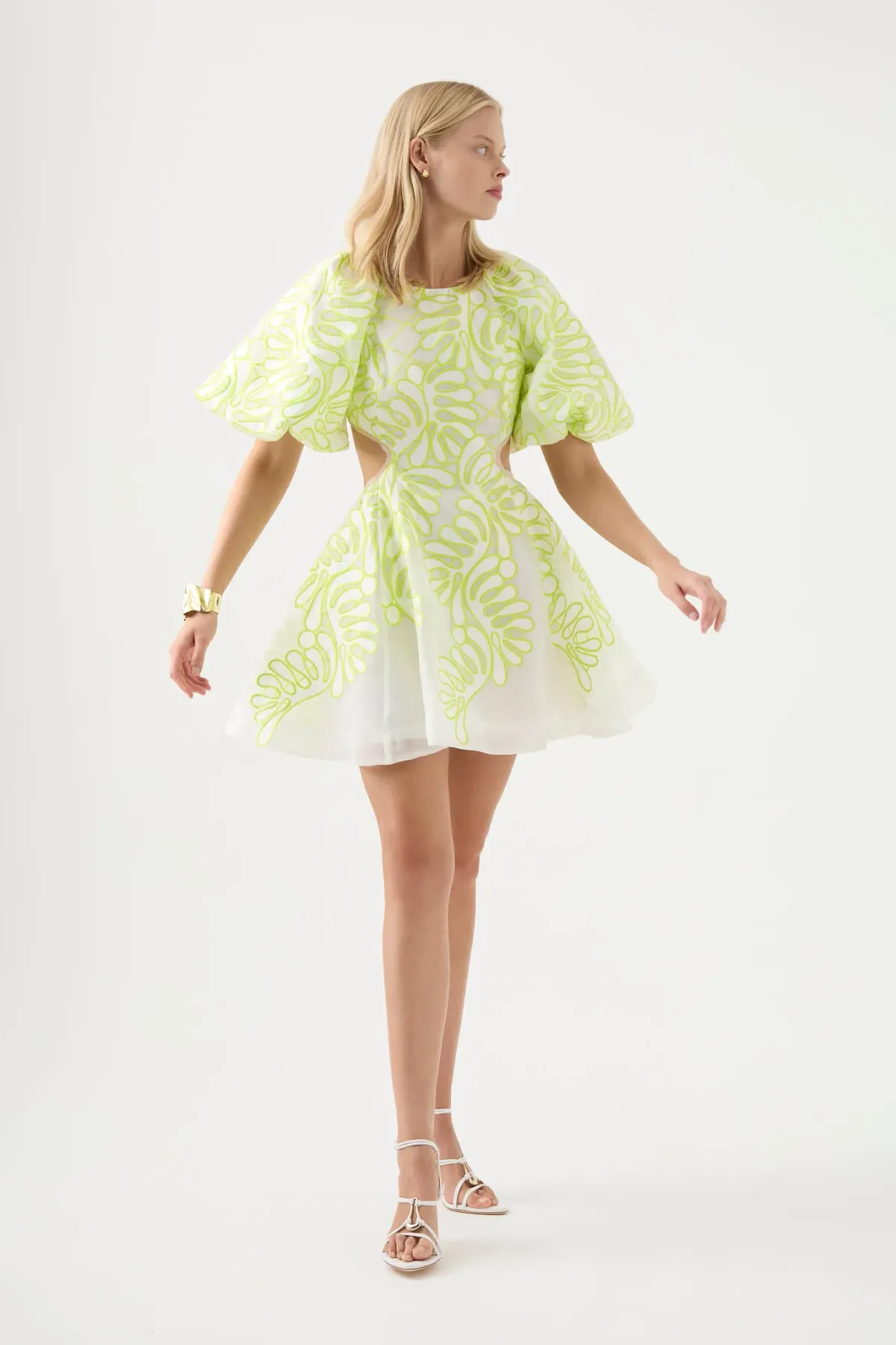 Aje Botanical Applique Mini Dress Ivory/Citrus Yellow Size 10 / M for rent on The Volte - main image