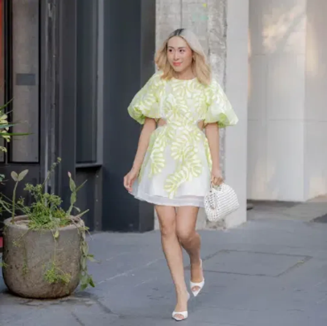 Aje Botanical Applique Mini Dress Ivory/Citrus Yellow Size 10 / M for rent on The Volte - main image